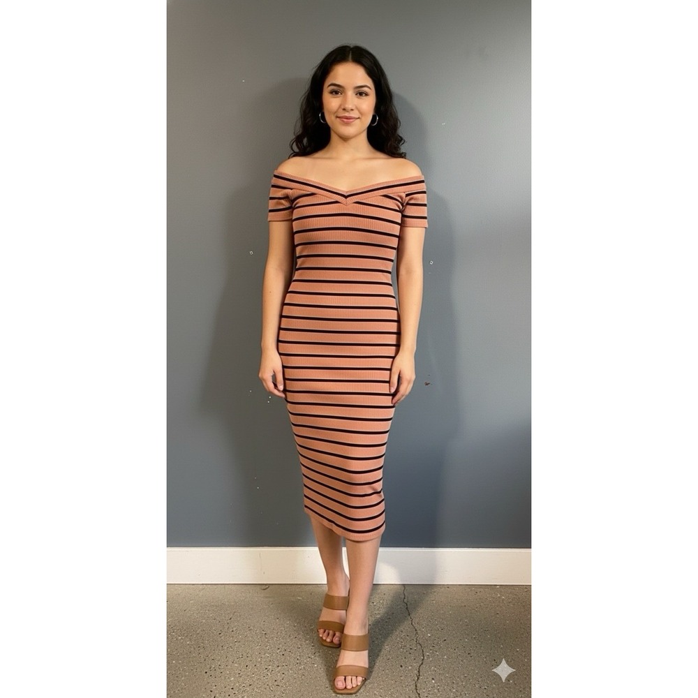 Derek Heart Striped Off The Shoulder Ribbed Knit Midi Dress Size S